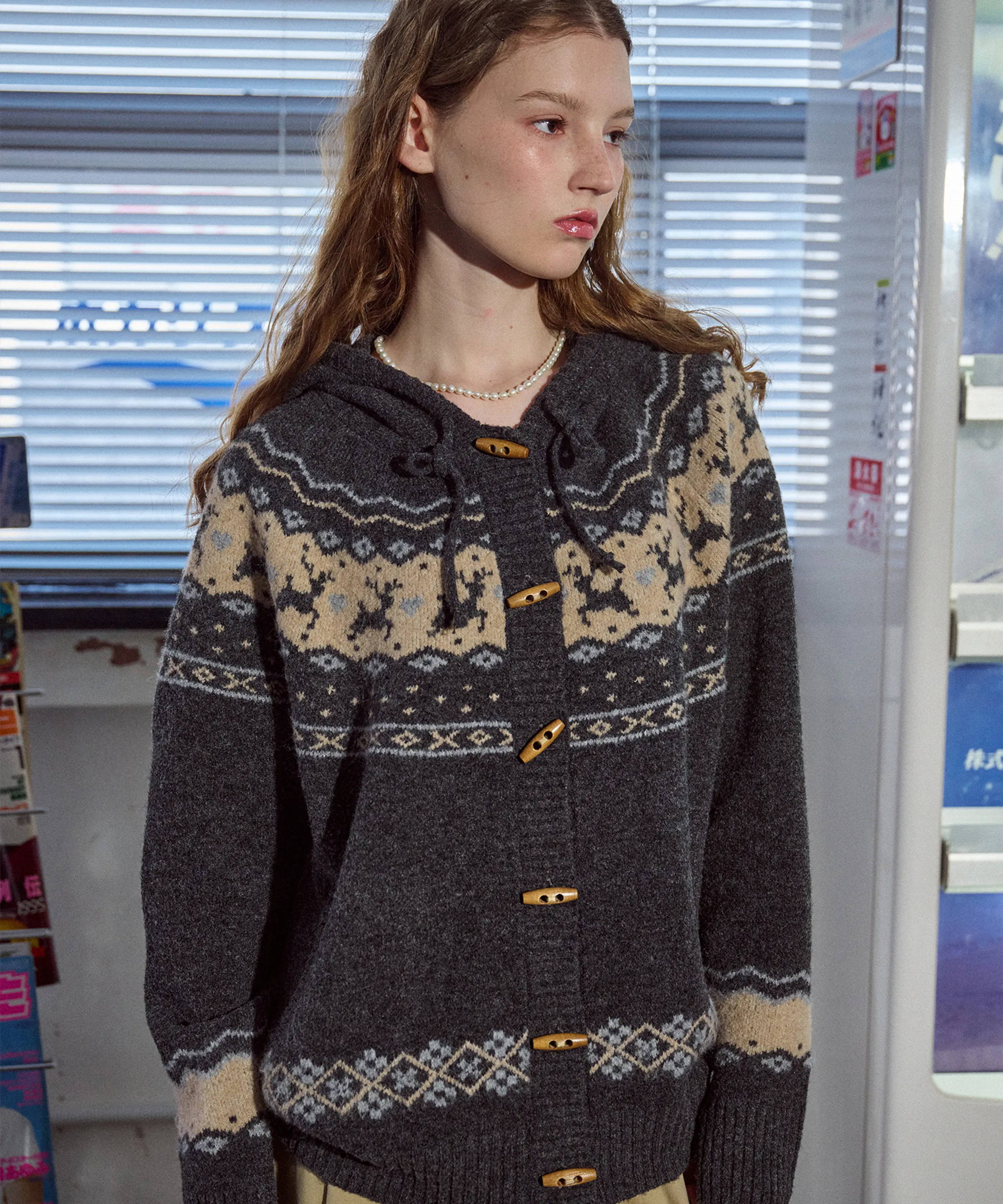 [2-WAY] Nordic Deer Toggle Hood Knit Charcoal