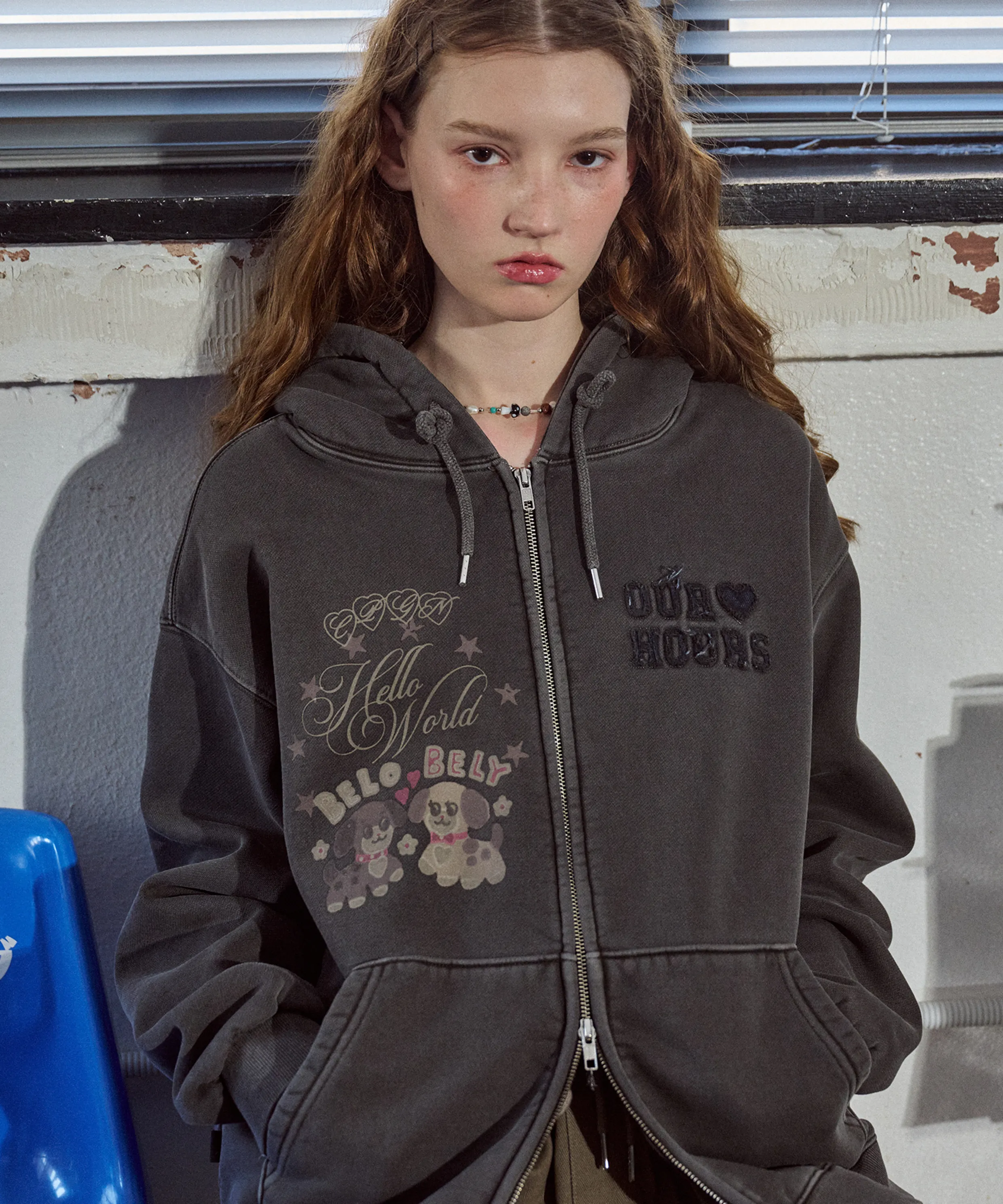[2-WAY] Velobelly Pigment Hoodie Zip-Up Smoke Black