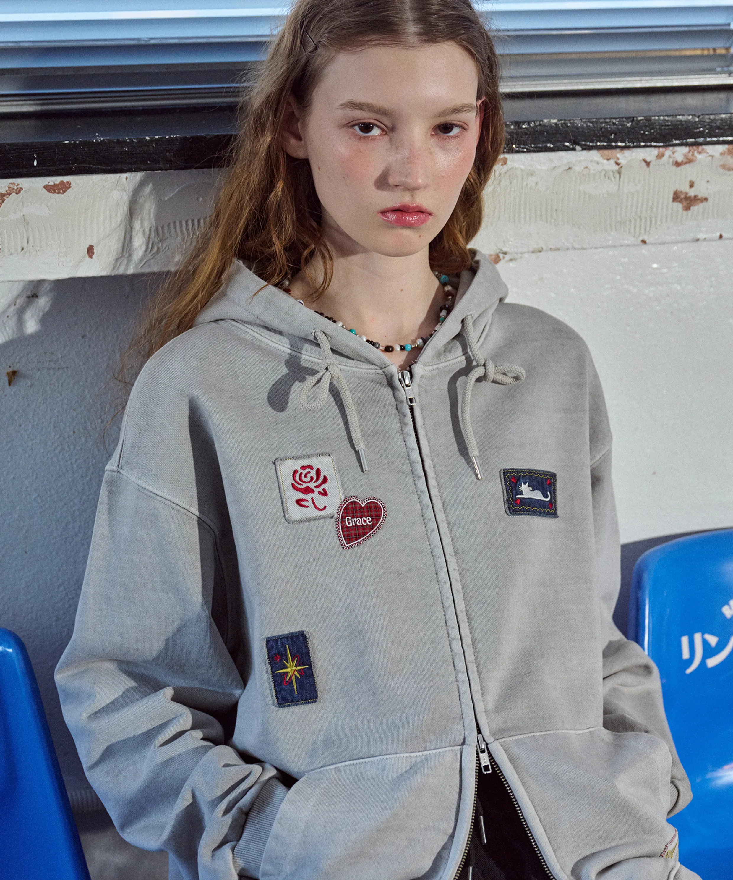 [2-WAY] Rosecat Pigment Hoodie Zip-Up Ghost Gray