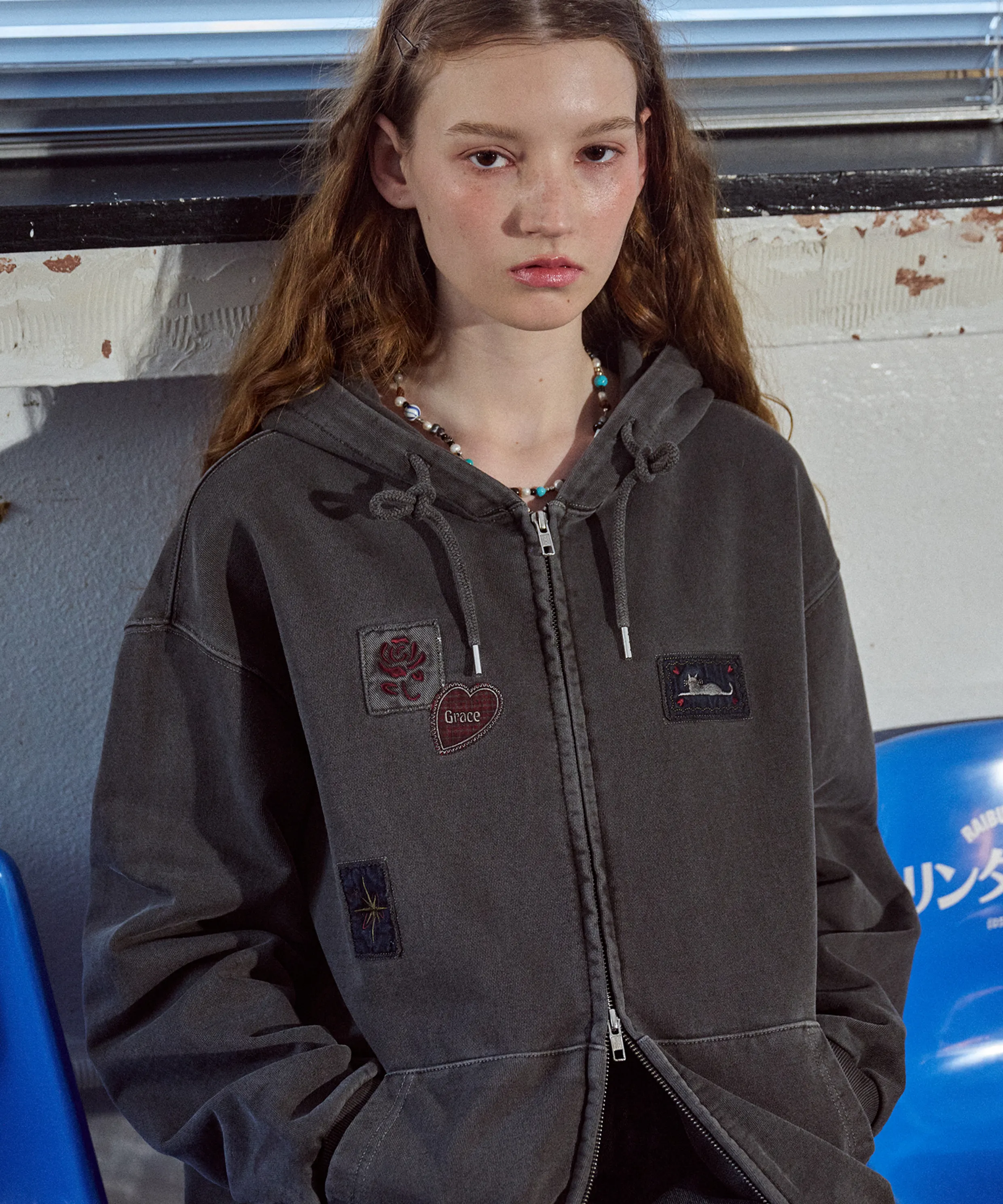 [2-WAY] Rose Cat Pigment Hooded Zip-Up Smoke Black