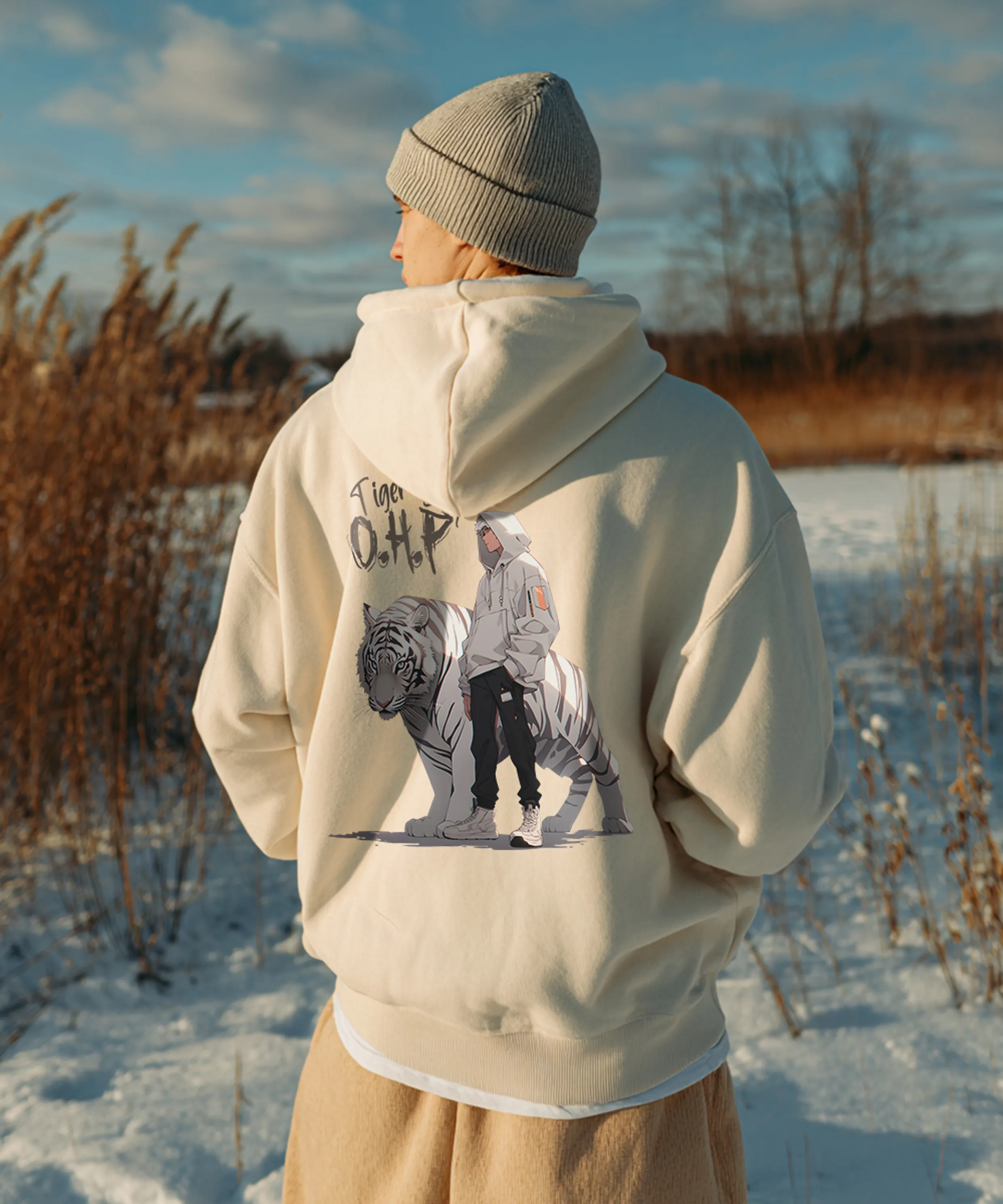 OHPxHARMONIA White Tiger and Boy Fleece Hoodie Zip-Up