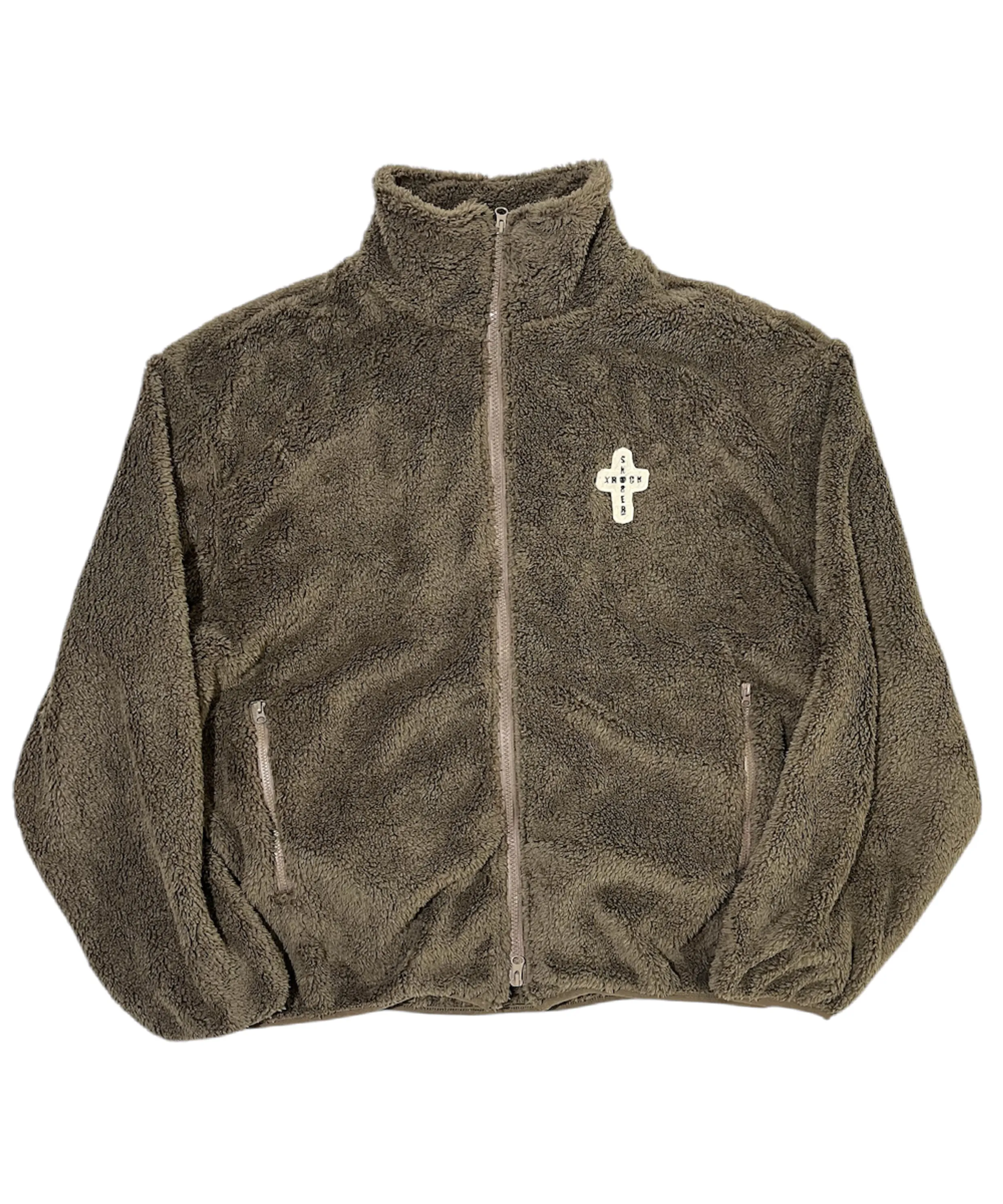 Cross Logo Fleece Zip-Up Jacket ((brown))
