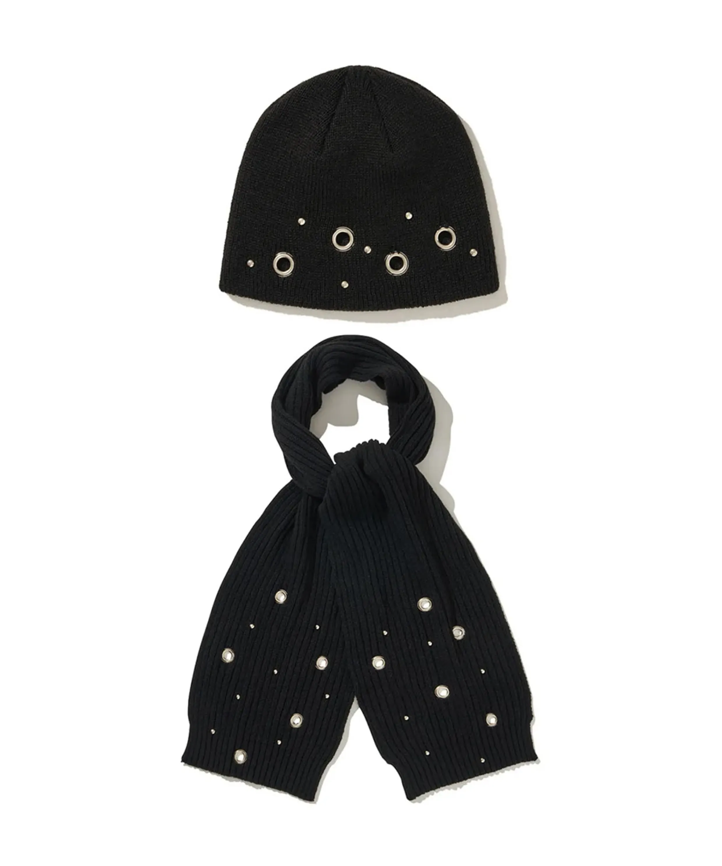 (DUC) Eyelet Stud Beanie & Muffler Black SET