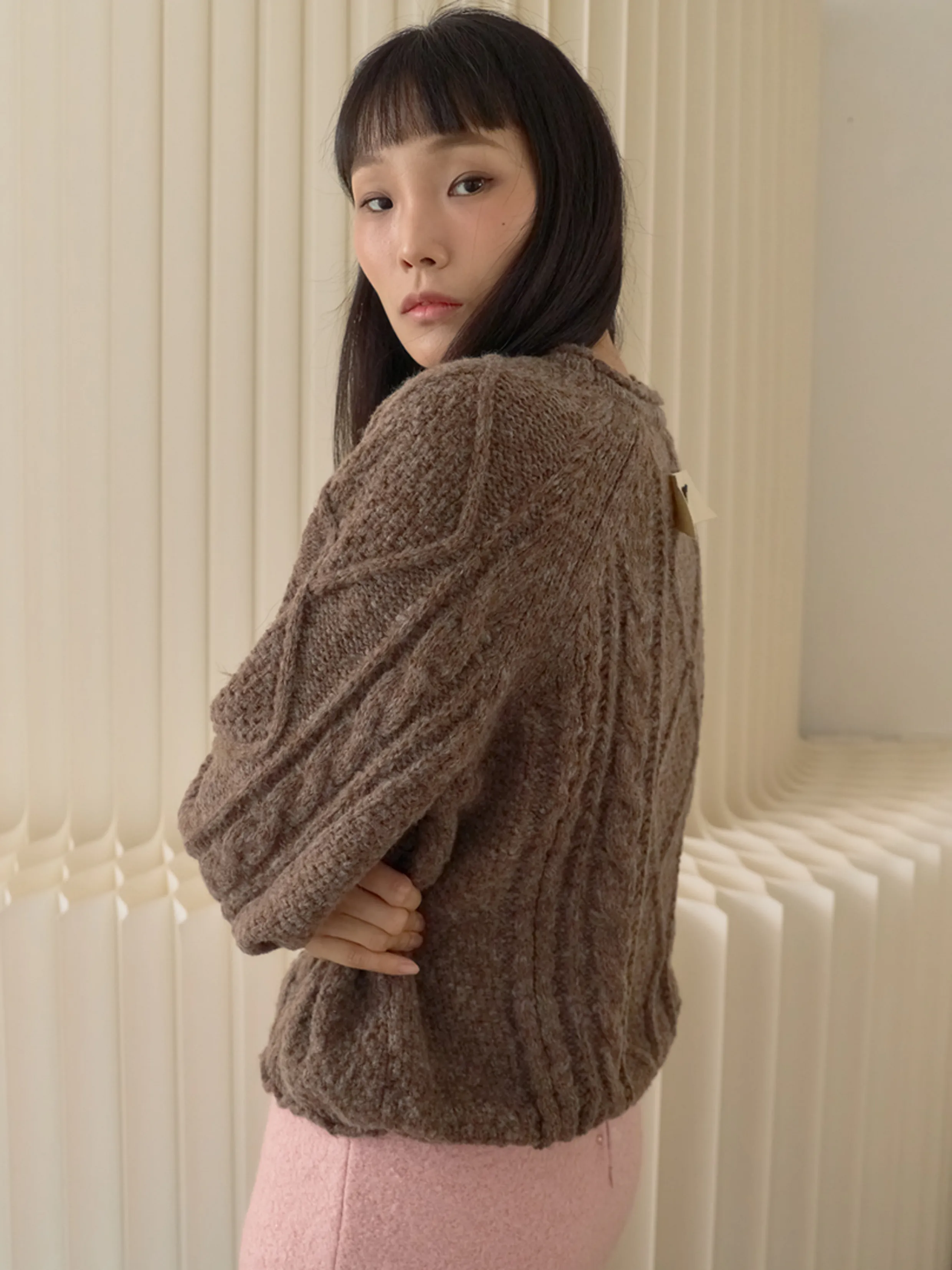 Raglan Cable Wool Knit Pullover_Brown