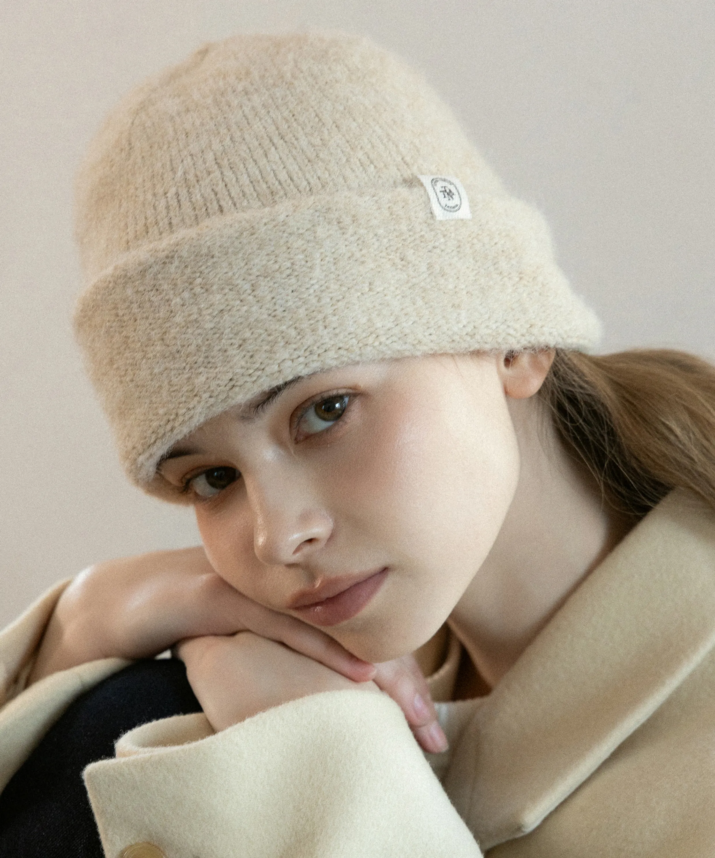 FLOWER EYELET ANGORA BEANIE - WHITE