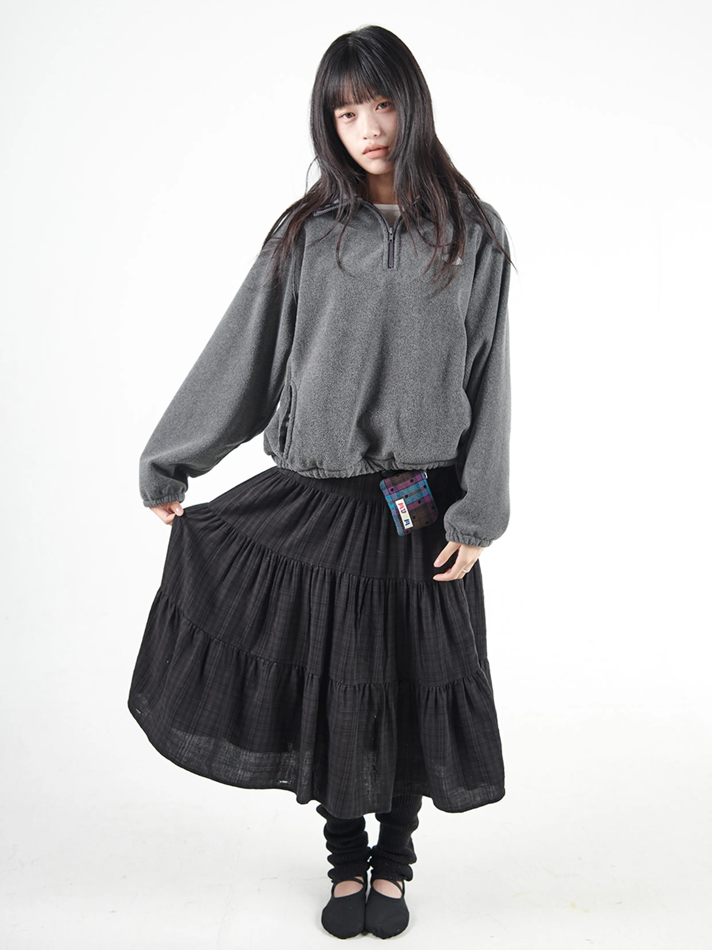 CHECK MIDI TIERED SKIRT [BROWN]