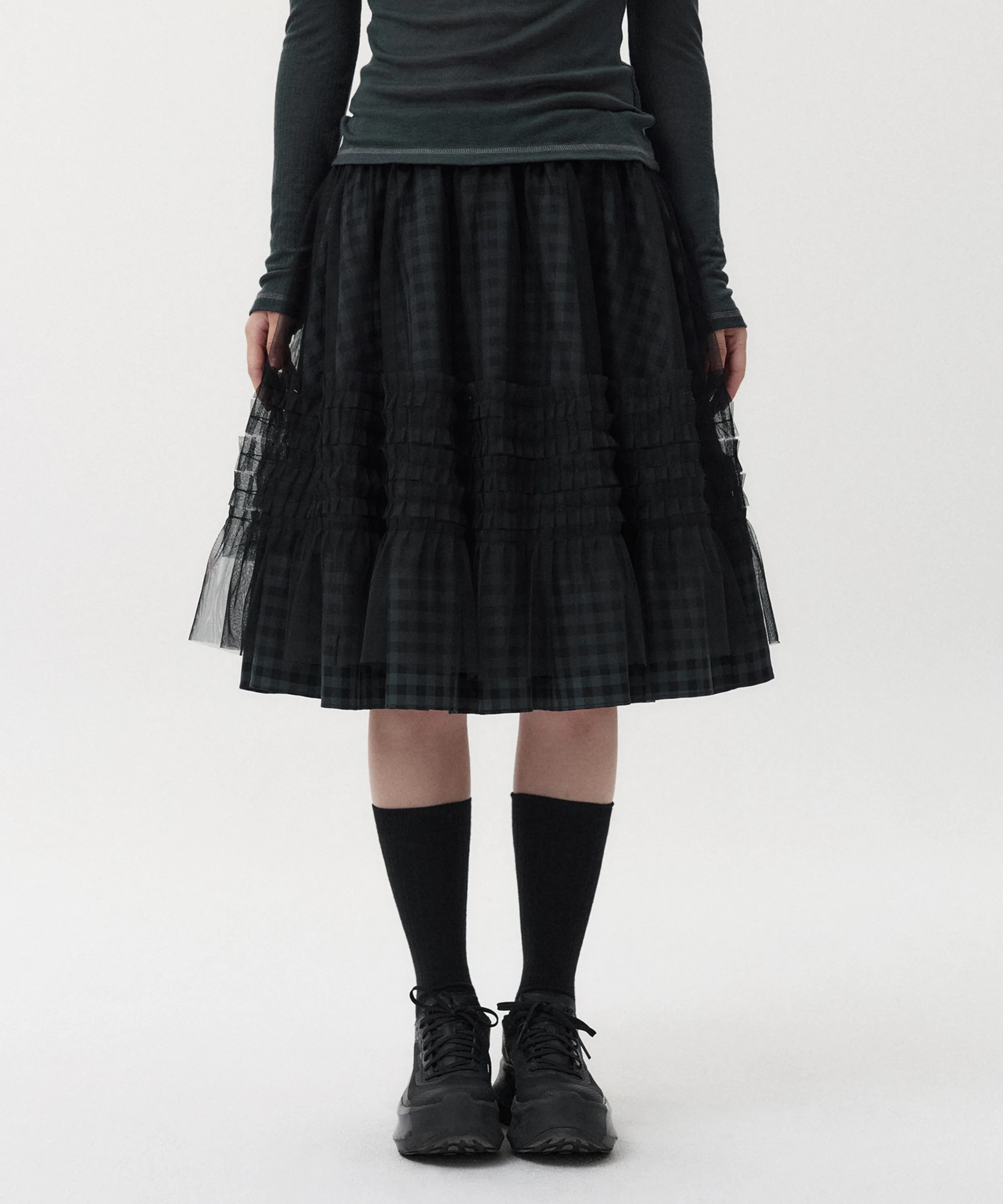 CHECK MIDI TIERED SKIRT [BROWN]