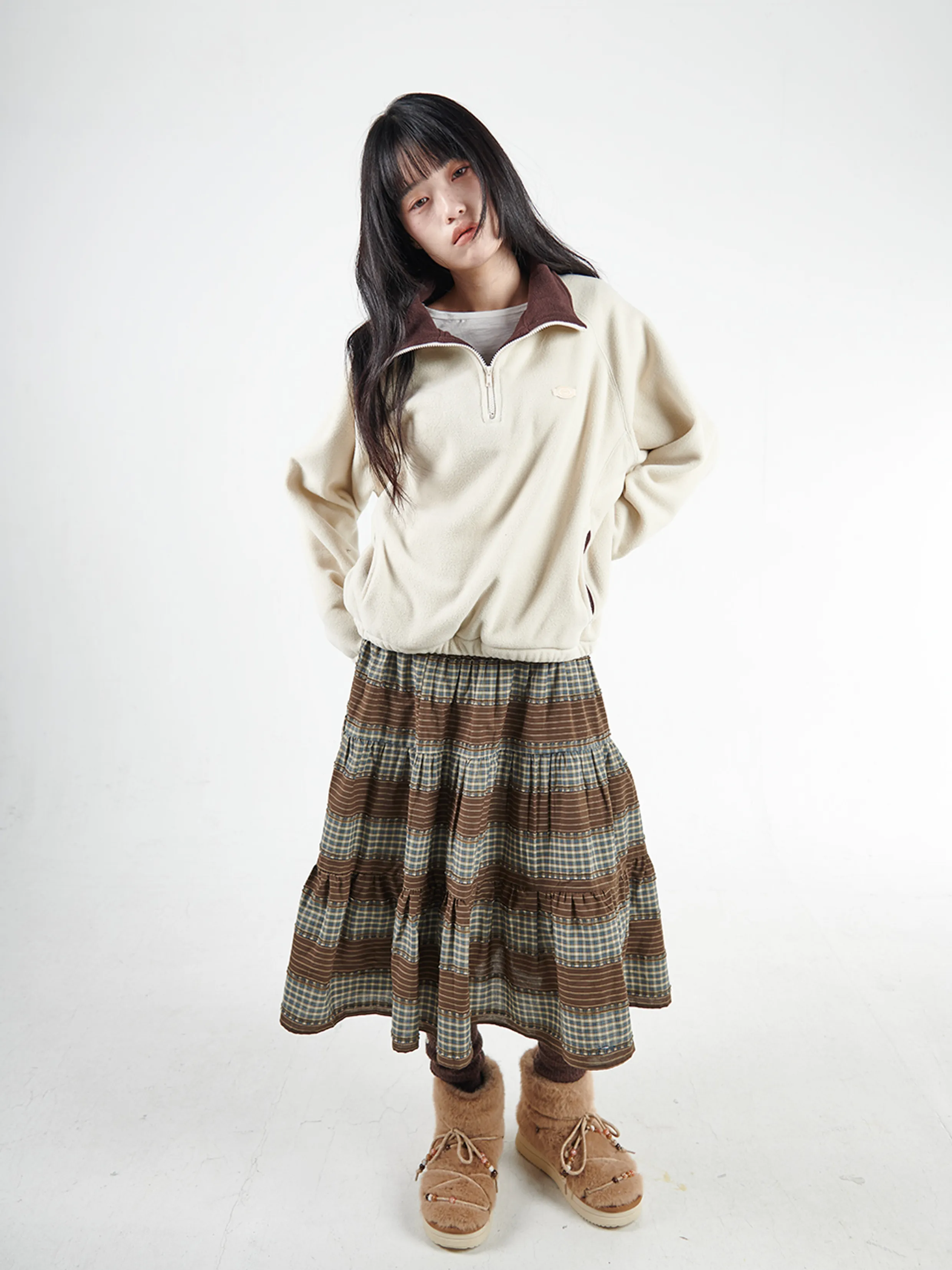 CHECK MIDI TIERED SKIRT [BROWN]