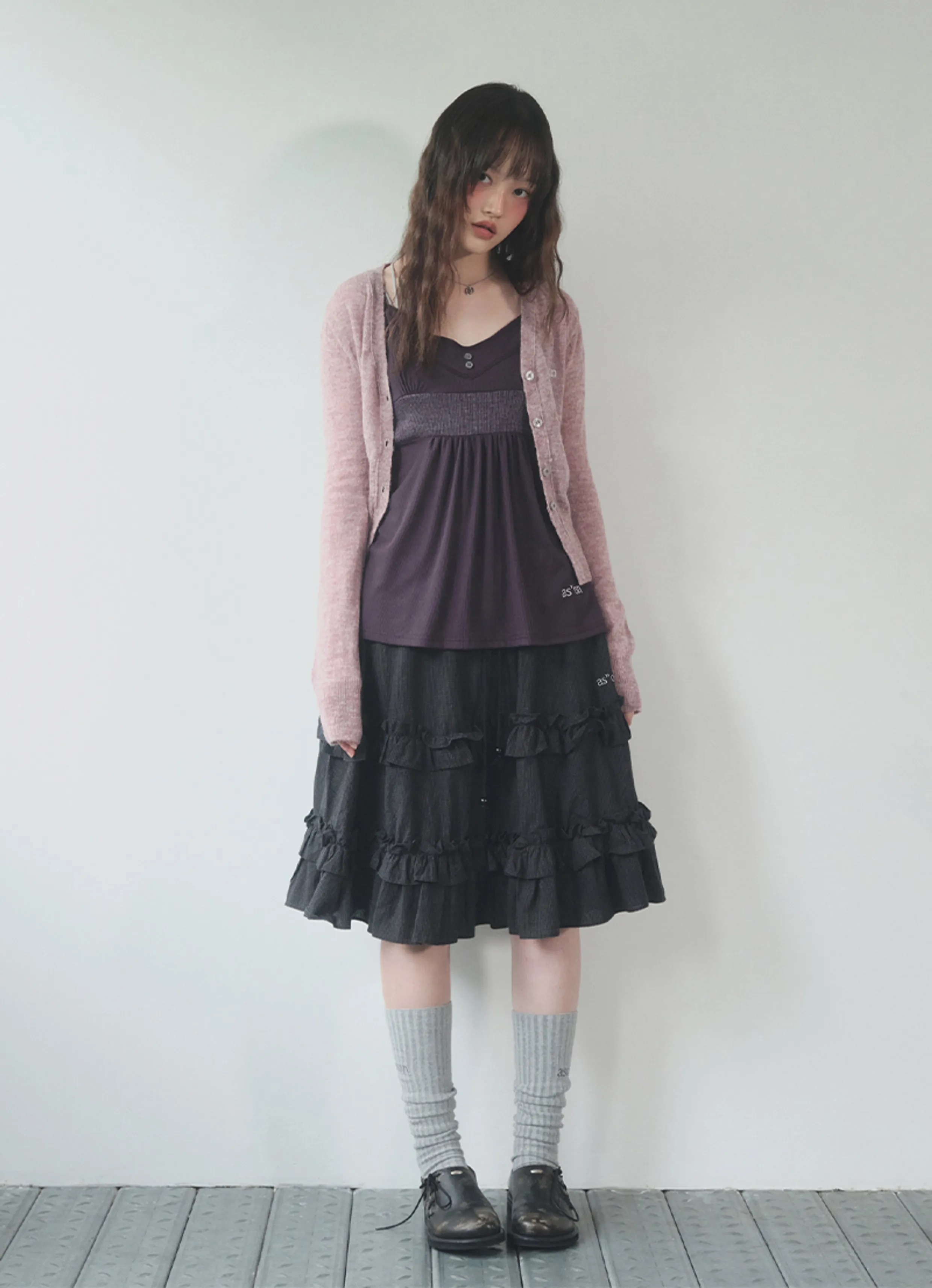 CHECK MIDI TIERED SKIRT [BROWN]