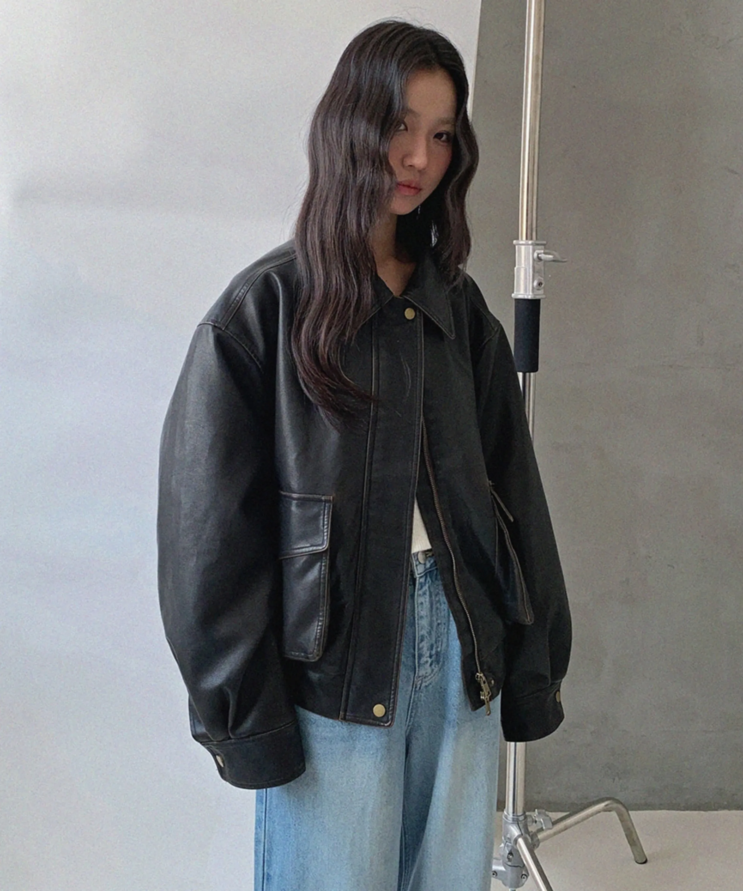 (Woman) Washed leather real pocket bomber crop jacket_Brown