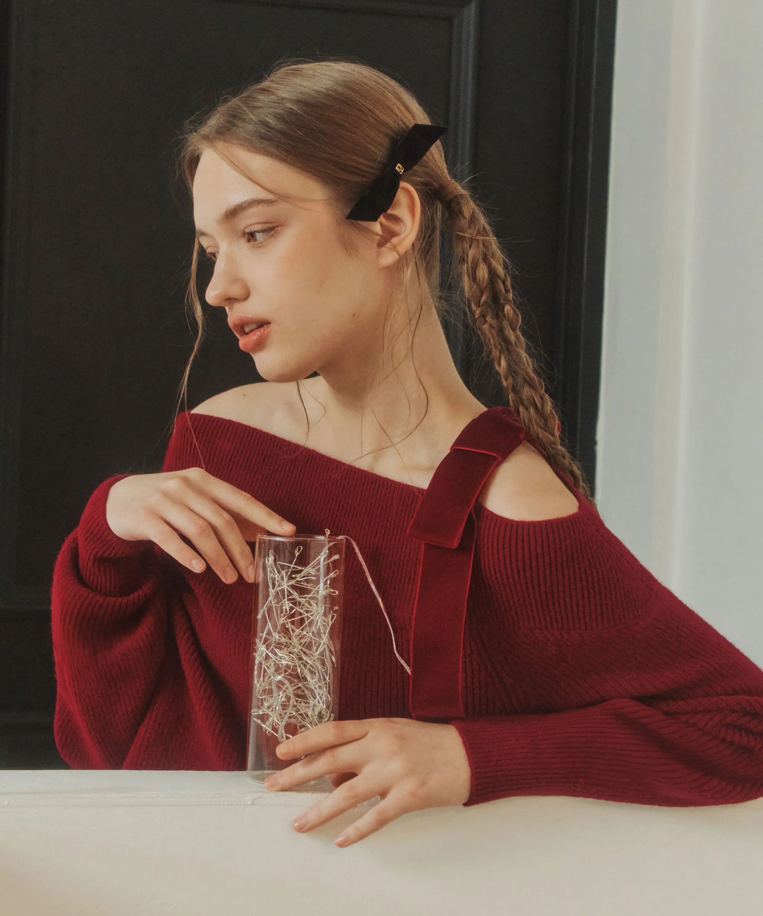 [5 Colors] Solid Unbalanced Off-Shoulder Sweater
