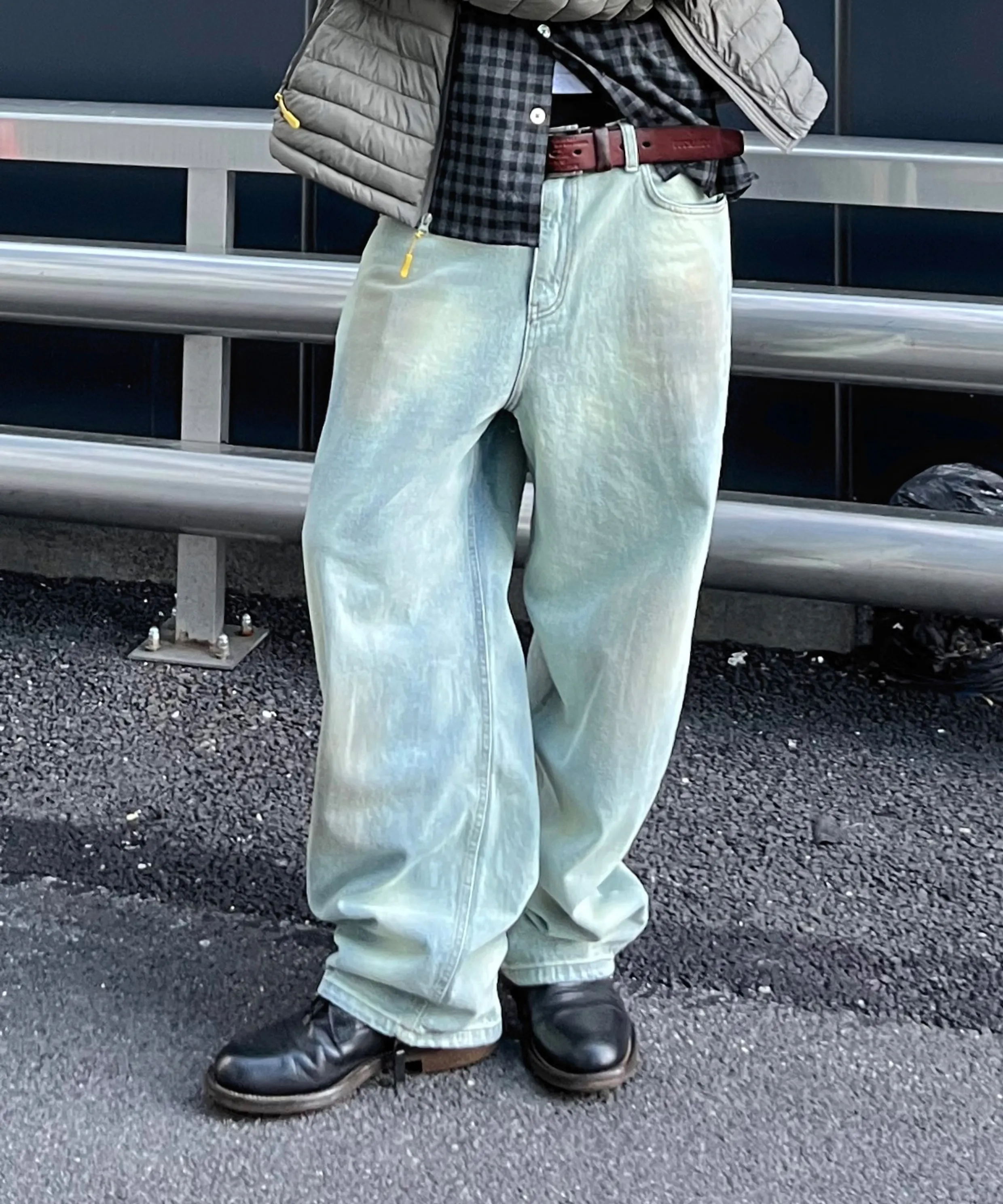 Curved Wide Raw Denim Pants [Indigo]