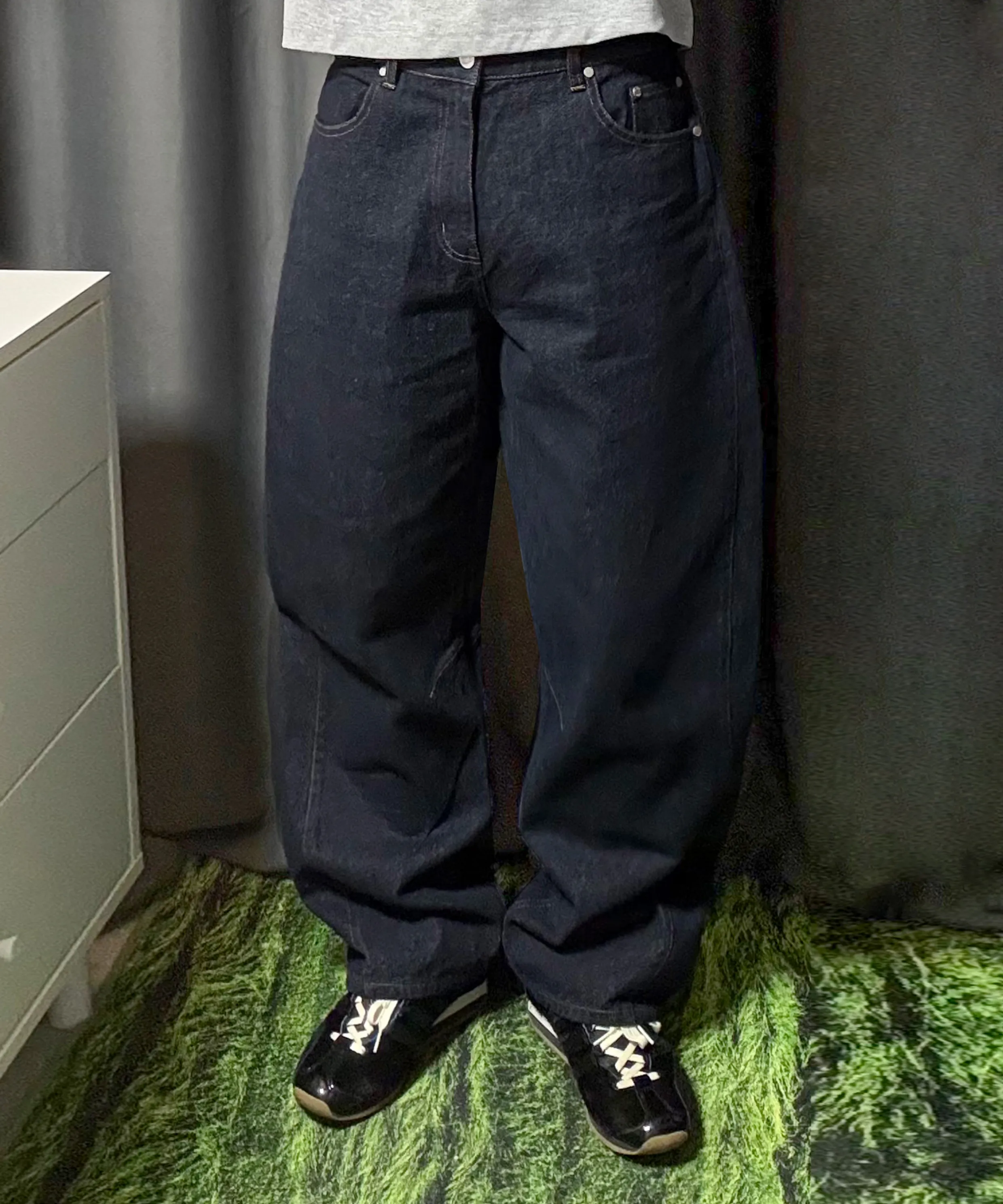 Curved Wide Raw Denim Pants [Indigo]