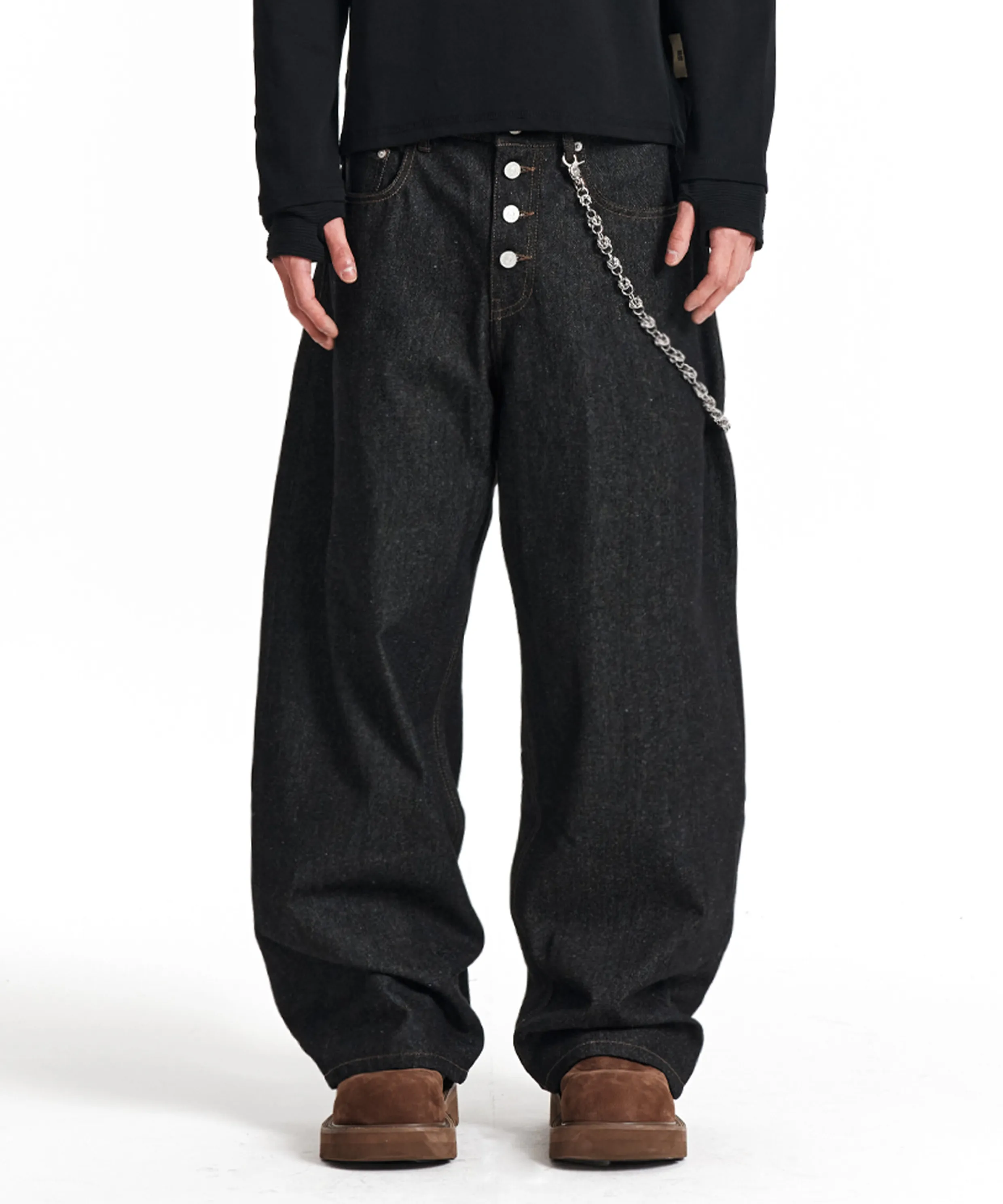 Curved Wide Raw Denim Pants [Indigo]