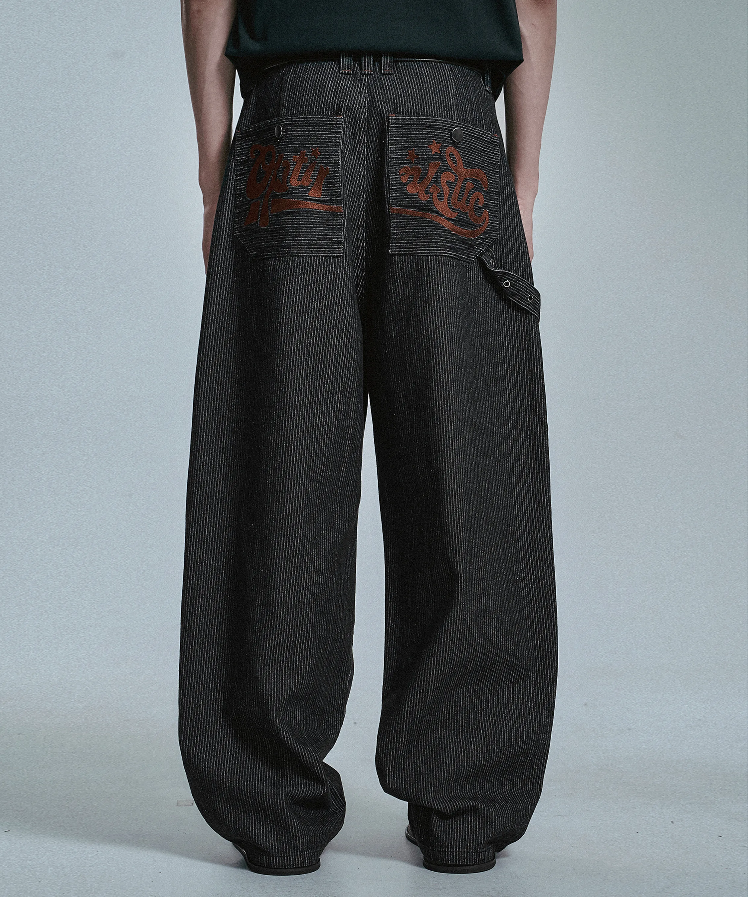 White Logo Striped Denim Pants - Black