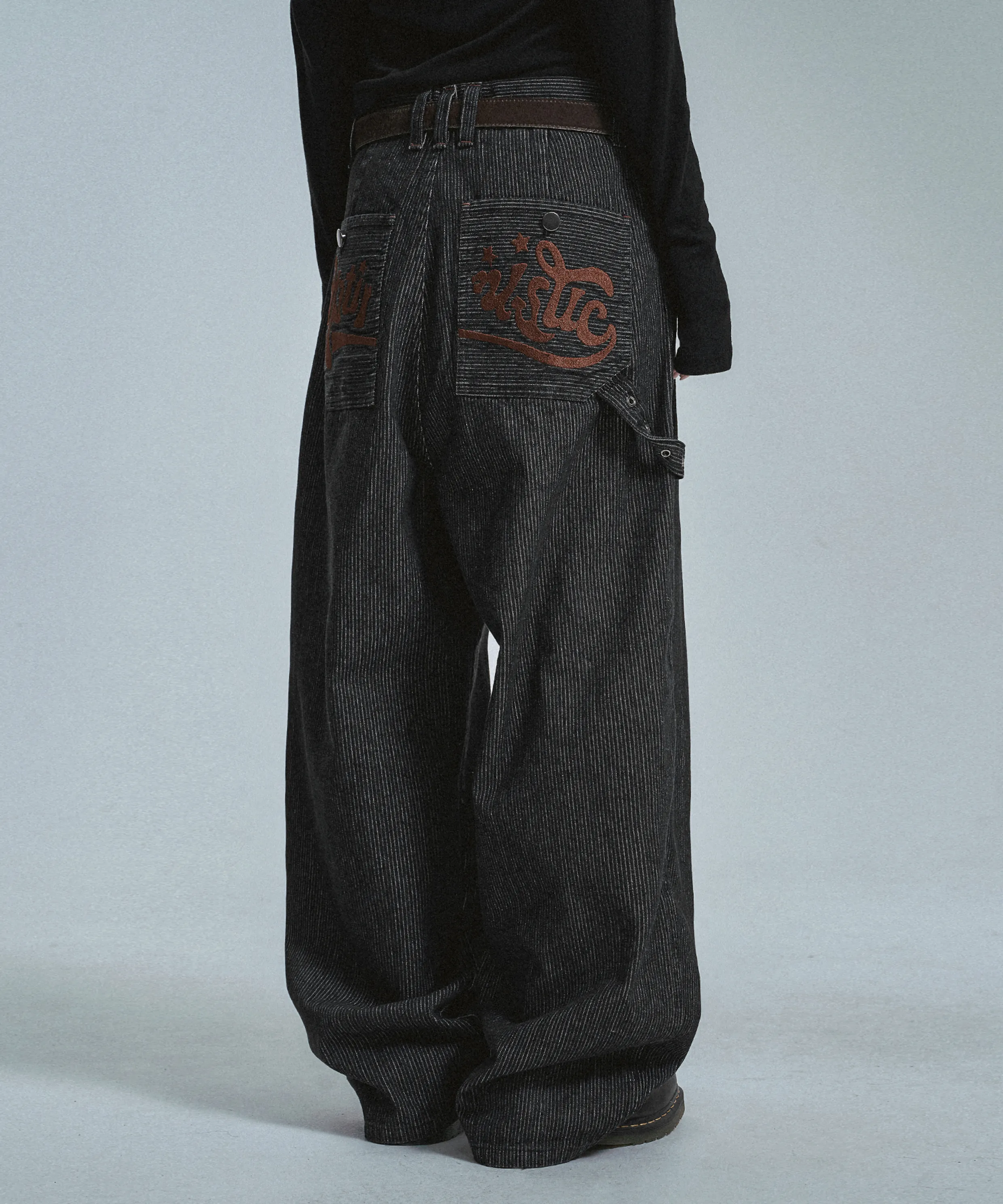 White Logo Striped Denim Pants - Black