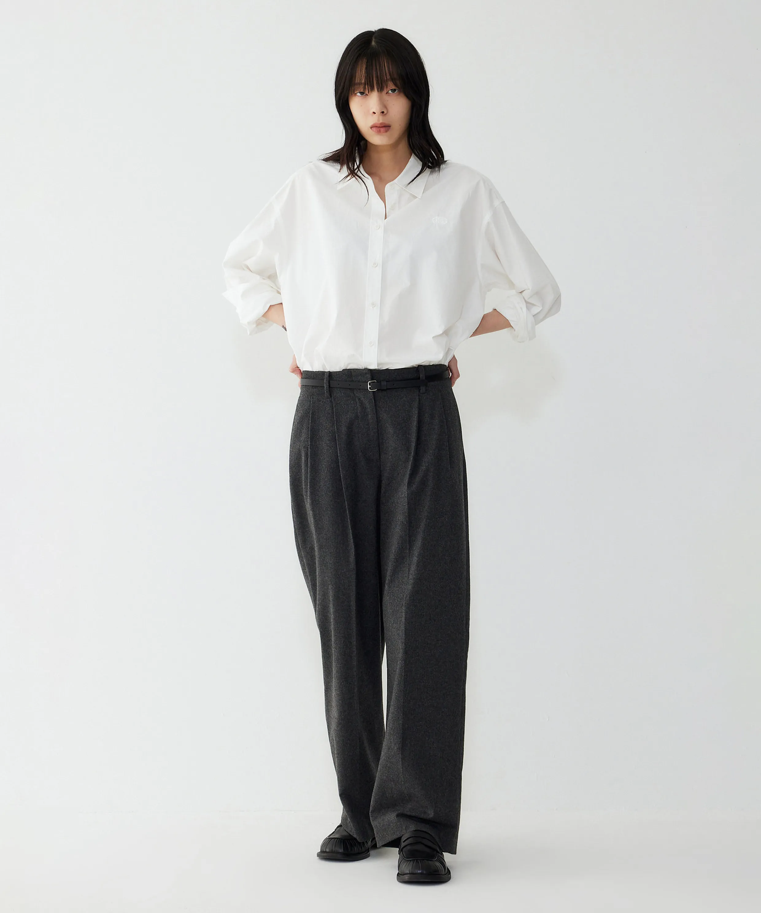 Wool Blend Straight Double Pleat Pants_Melange Gray 9105431212