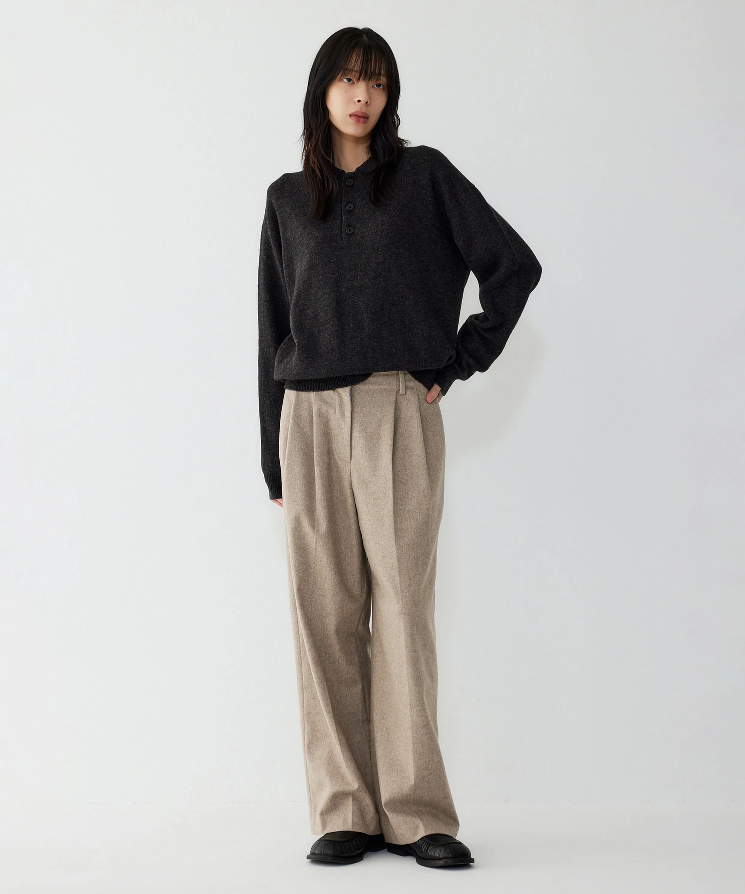 Wool Blend Straight Pleat Pants_Light Beige 9105431212