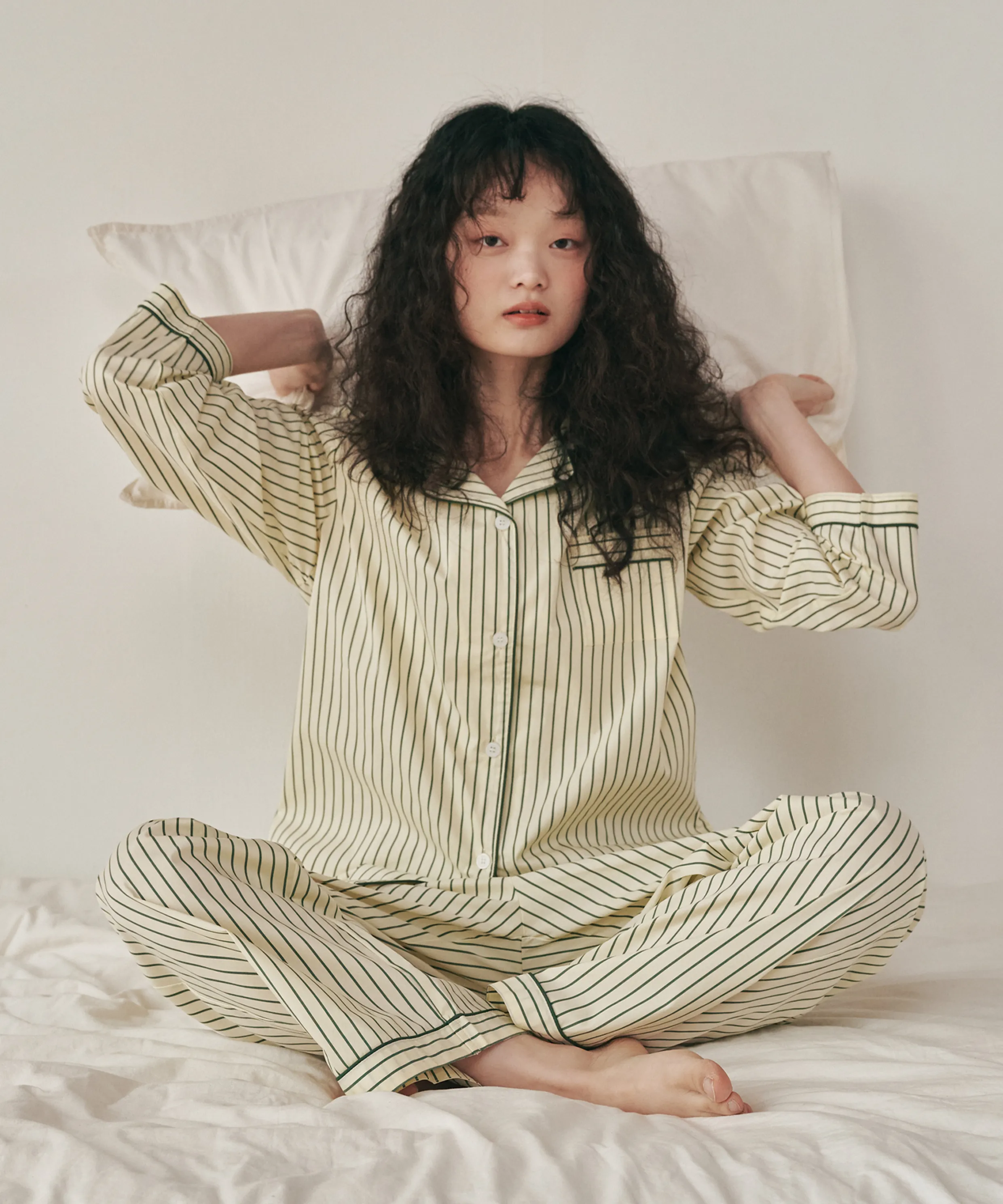 (w)Standard Bean Stripe Pajama Long Sleeve Set Green Lemon
