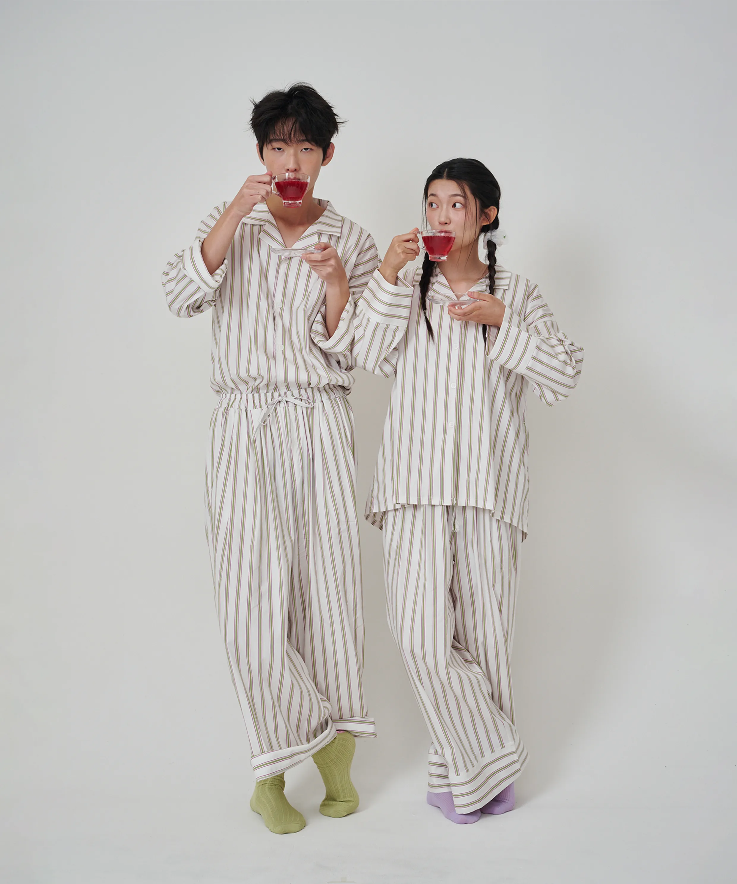 (w)Standard Bean Stripe Pajama Long Sleeve Set Green Lemon