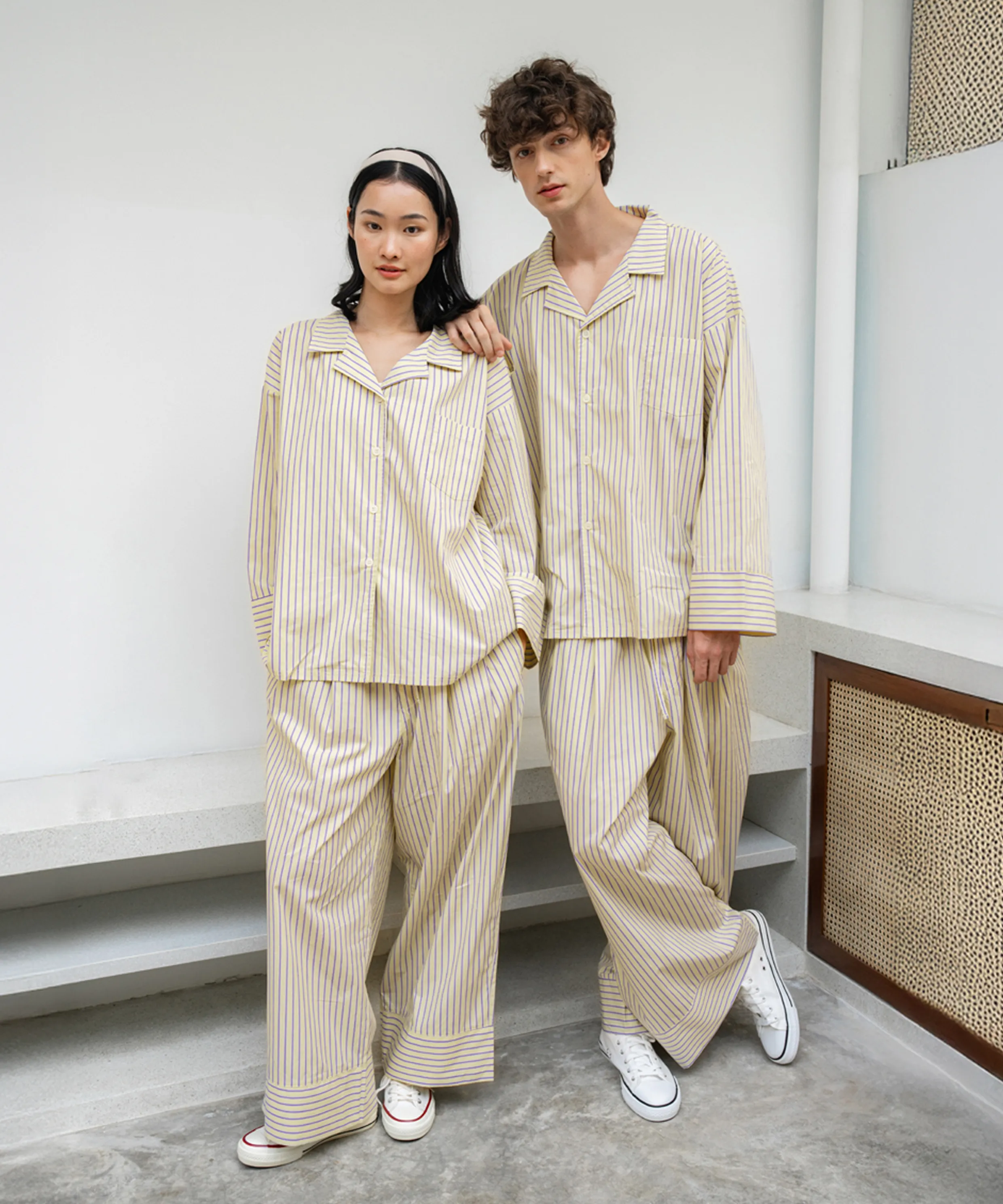 (w)Standard Bean Stripe Pajama Long Sleeve Set Green Lemon