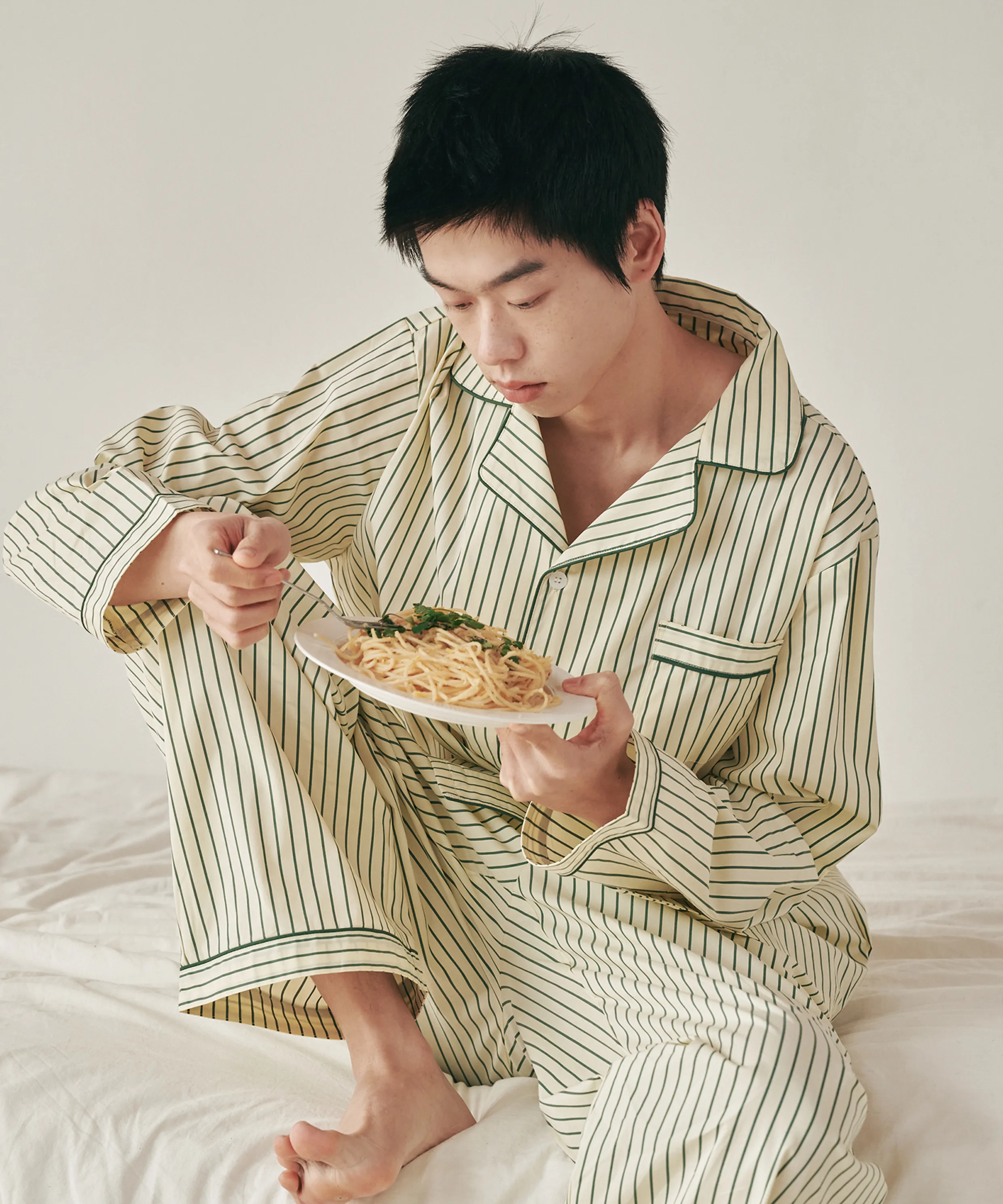 (w)Standard Bean Stripe Pajama Long Sleeve Set Green Lemon