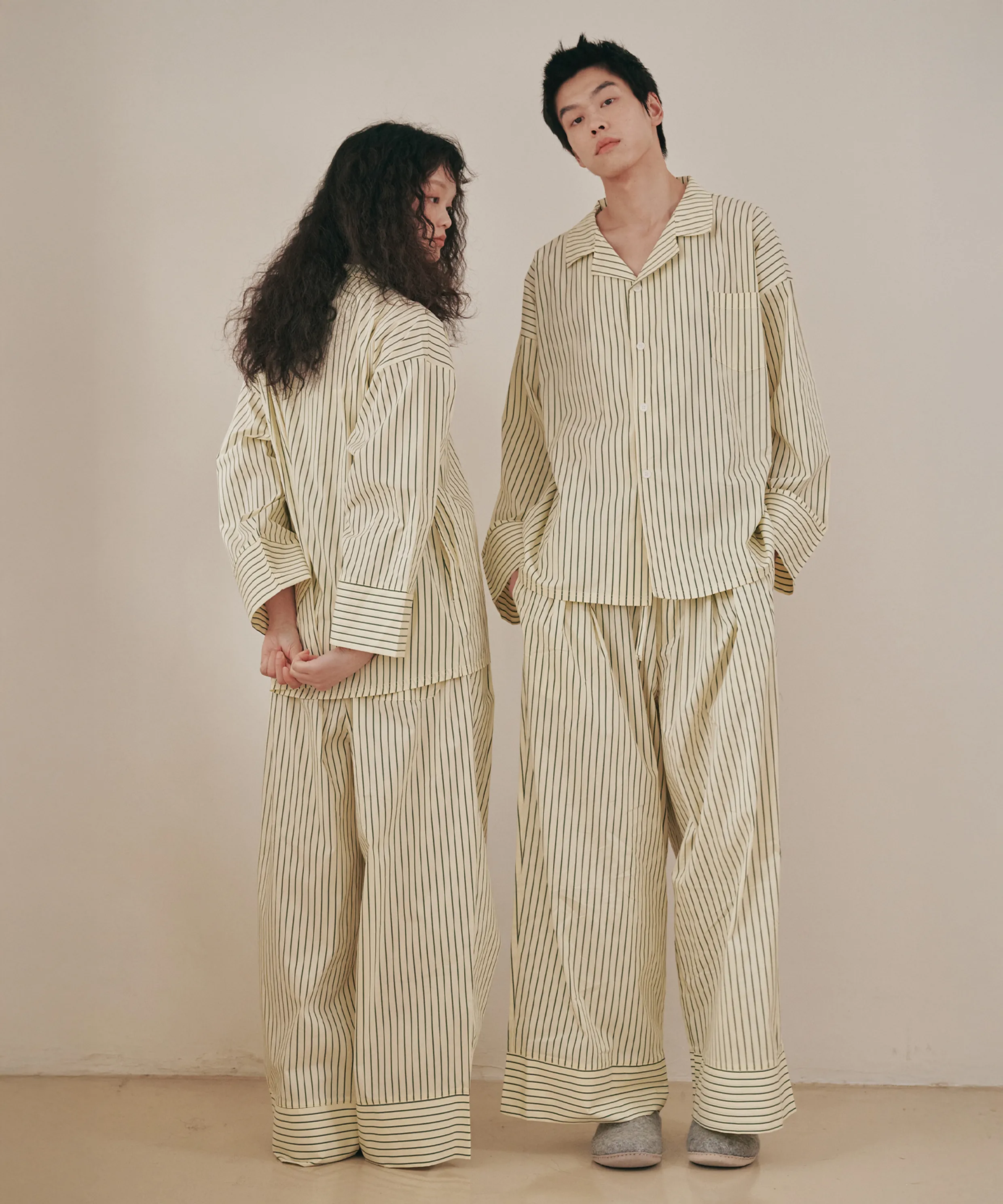 (w)Standard Bean Stripe Pajama Long Sleeve Set Green Lemon
