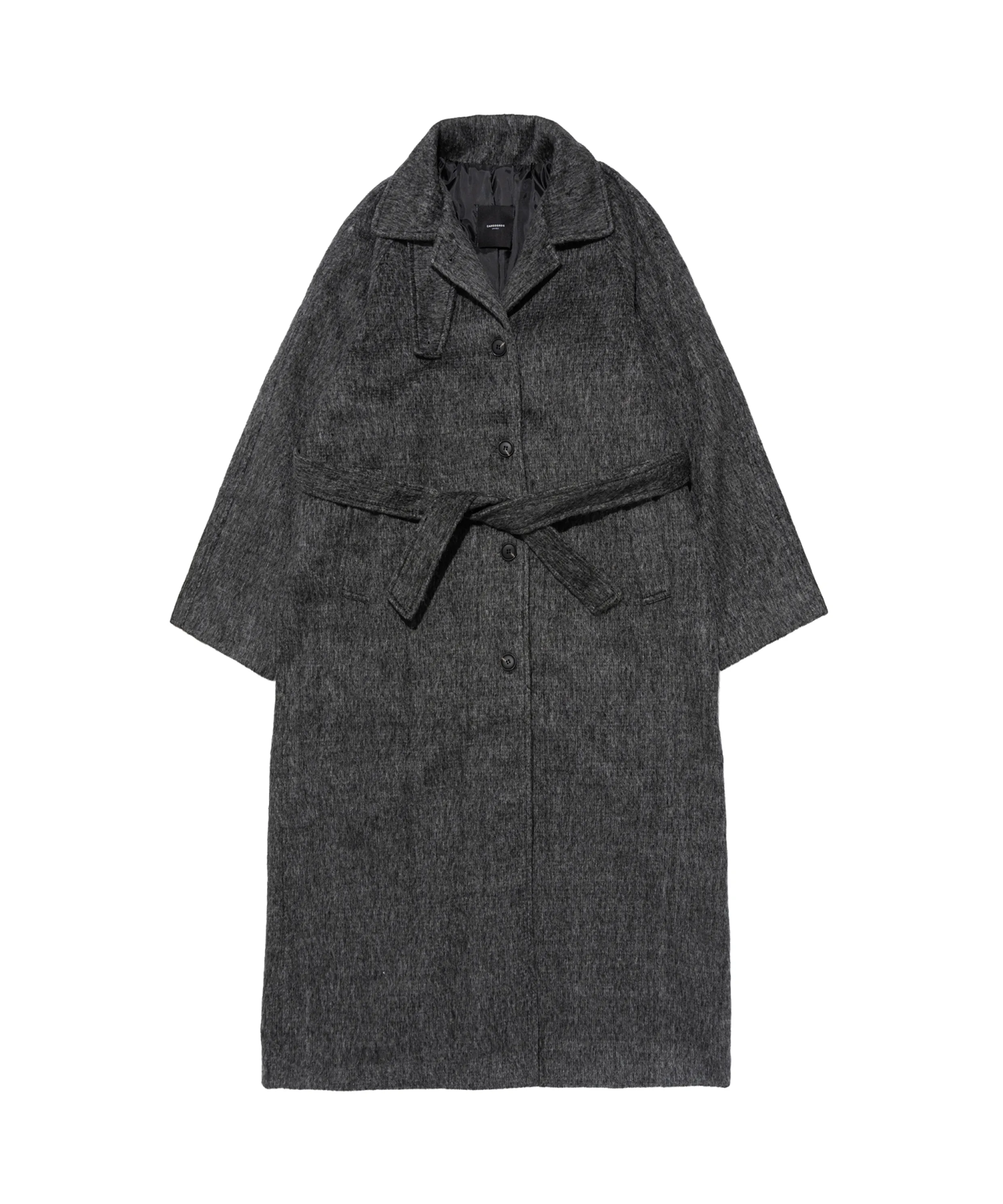 High-neck belted long wool coat (black)