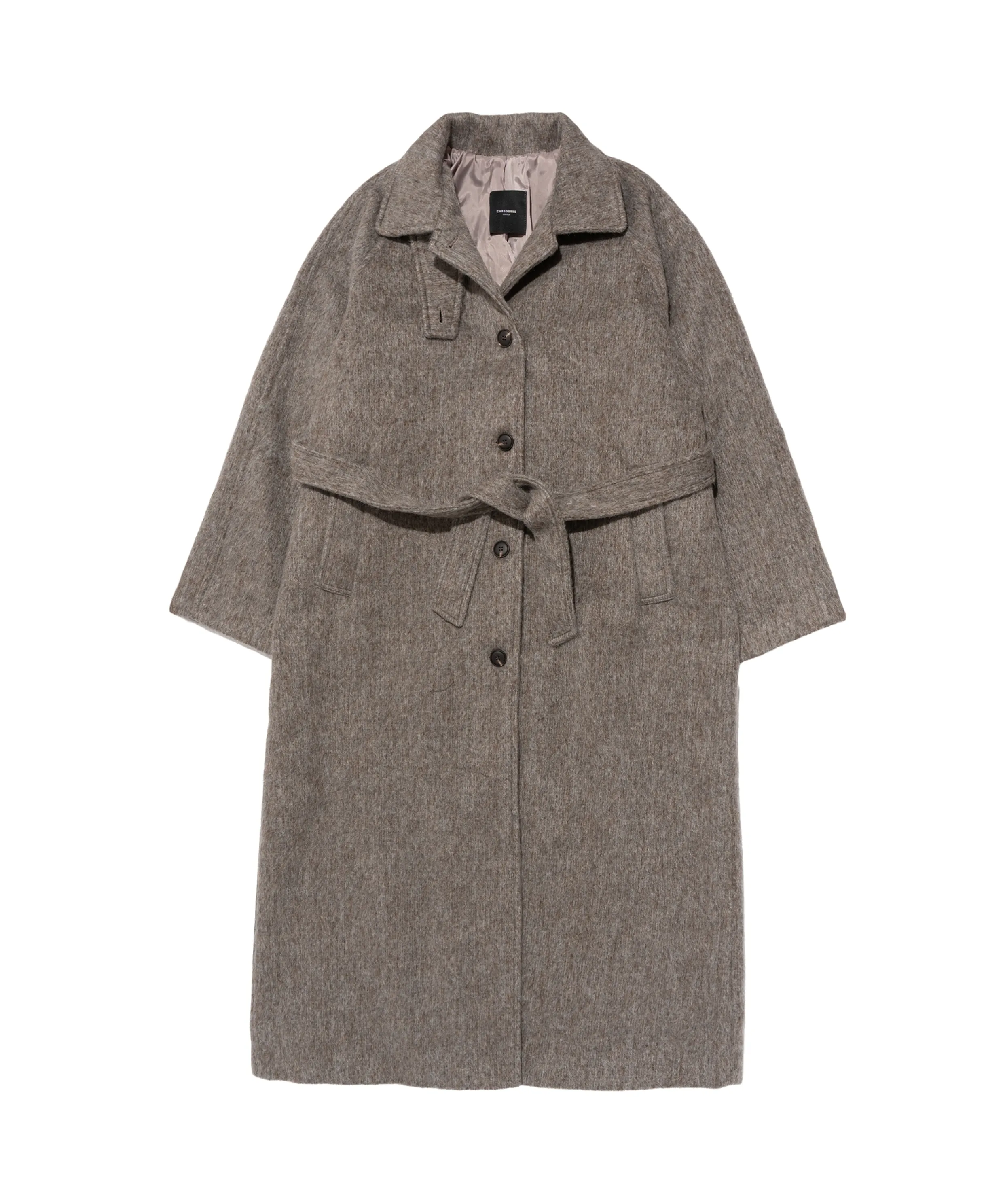 High-neck belted long wool coat (beige)