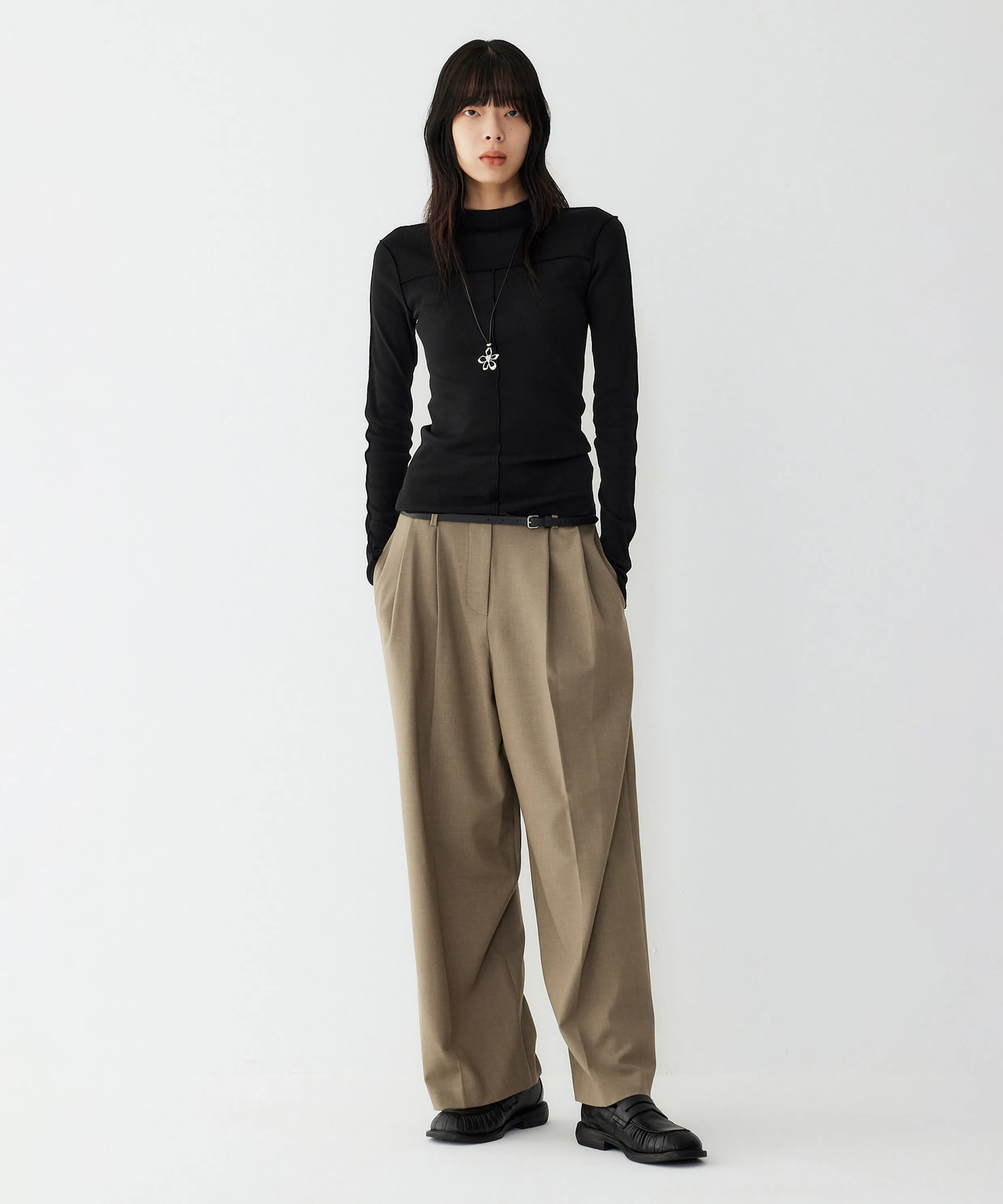 Double pleat wide setup pants_khaki beige 9105331502