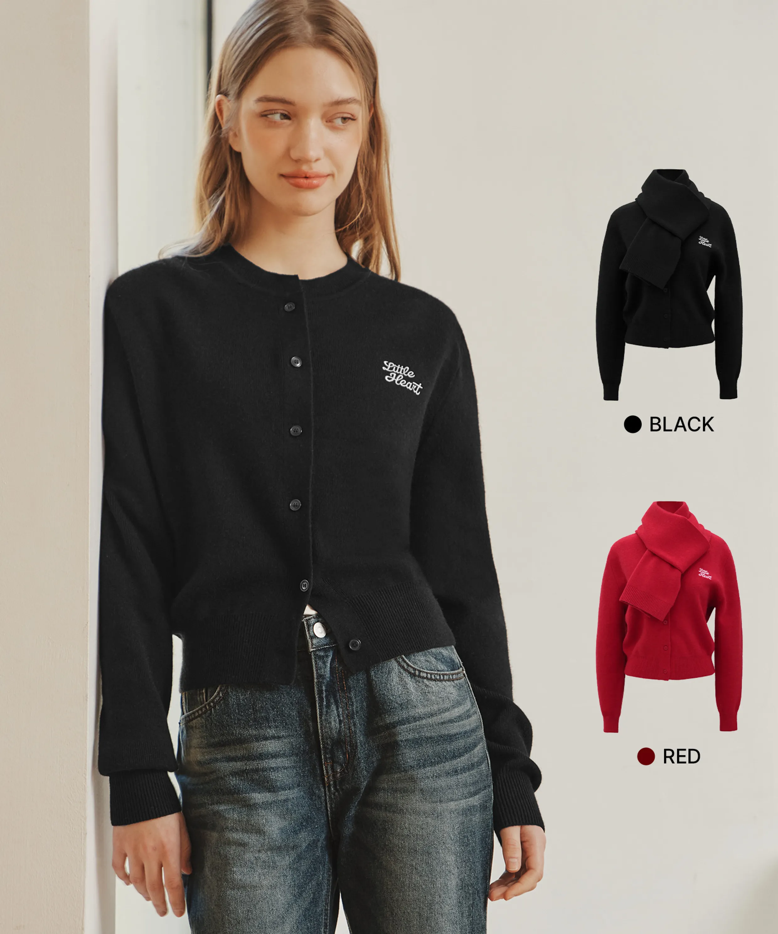 [2 Colors] Little Heart Cashmere Cardigan & Muffler Set
