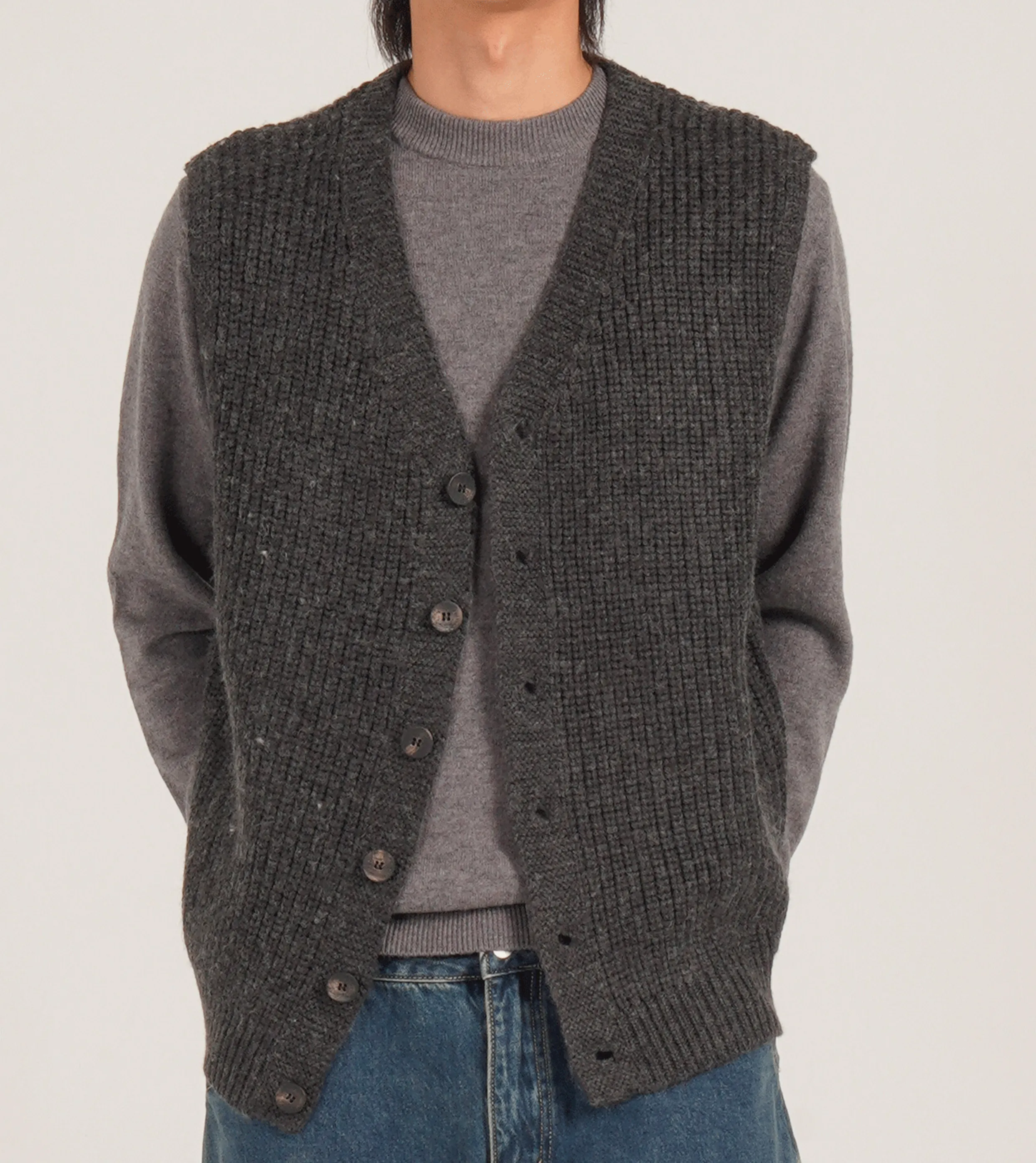 Heavy Knit Vest Cardigan (Charcoal)