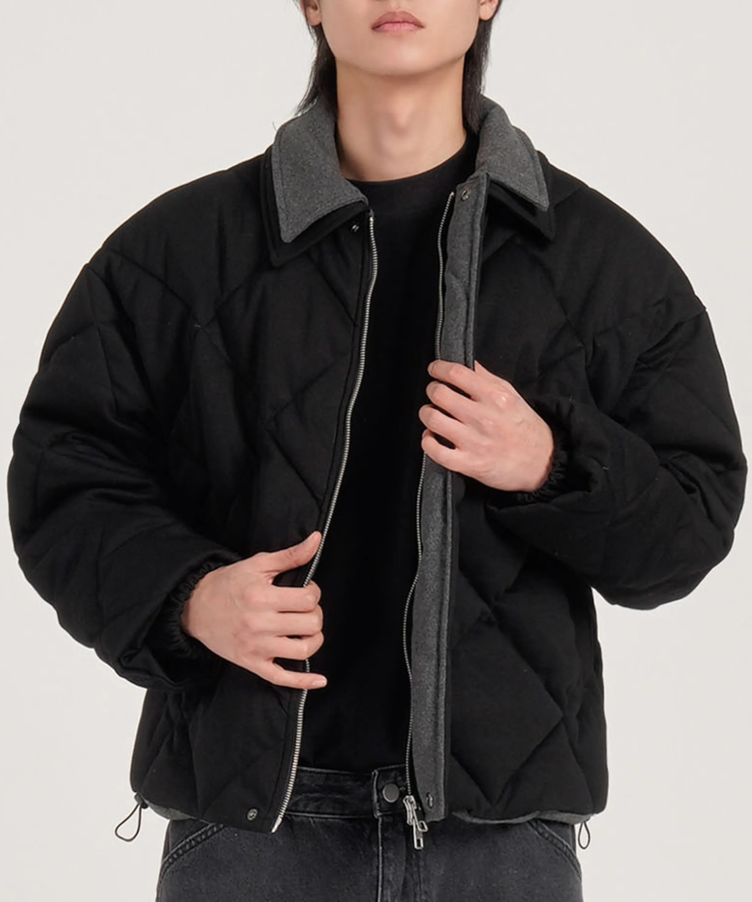 Crop Silhouette Double Collar Soft Quilting Jacket (Black)
